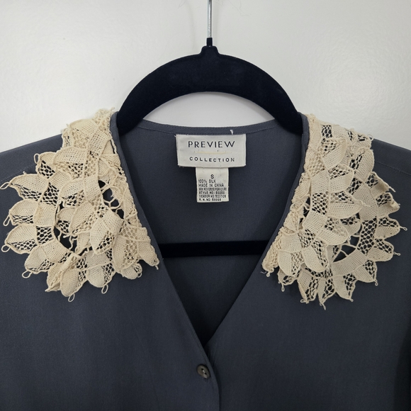 Vintage Preview Collection Blue/Grey Blouse with Cream Lace Collar 100% Silk - Picture 3 of 11